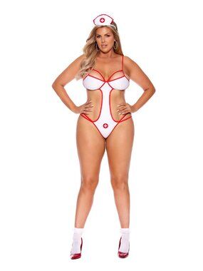Plus Size Nurse Costume Teddy Set Cutout Bodysuit Lingerie with Headpiece